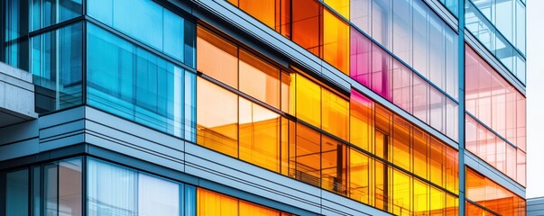 Fototapeta premium A close-up of an office complex with a facade made from thermochromic glass, which changes color based on temperature, providing a visual indicator of climate conditions