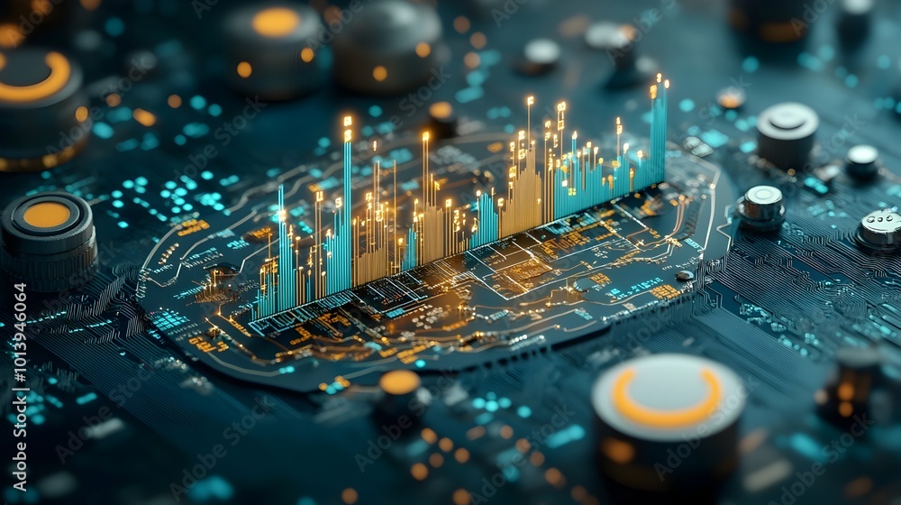 Poster futuristic macro close up photograph of a dynamic blue market chart interpreting financial data thro