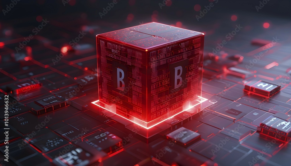 Poster three dimensional render of a red glowing blockchain cube, ai generated