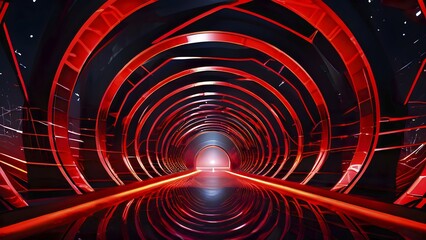 Abstract geometric pattern tunnel structure embodying data streams and communication in red hues, AI generated
