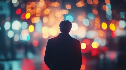 A lone man stands in the rain, facing away from the camera, with a cityscape of blurred lights behind him.