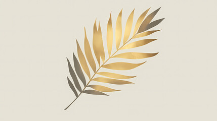 Refined gold palm leaf on a light taupe background, minimalist composition emphasizing form and color. Gold Leaf Accent. Illustration
