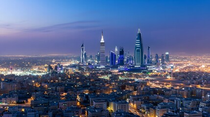 Obraz premium KAFD buildings in Riyadh during the blue hour, showcasing the city's modern skyline and illuminated architecture against a tranquil evening backdrop