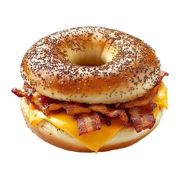 A bagel breakfast sandwich with cheese and bacon isolated on transparent background.