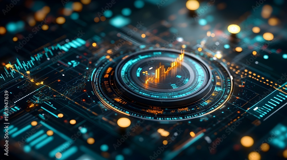 Poster detailed macro close up of a blue market investment trading chart displaying comprehensive analytica