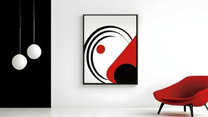 Minimalist illustration featuring abstract geometric shapes with red color accent symbolizing fun and ease, AI generated