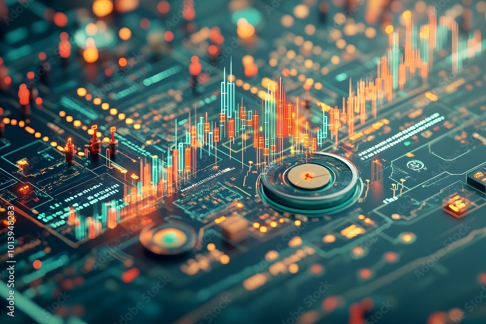Poster intricate macro close up view of a comprehensive market trading chart displaying detailed candlestic