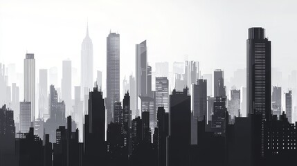 Fototapeta premium A Captivating Skyline: Exploring the Urban Landscape in Shades of Grey and Black, Where Modern Architecture Touches the Cloudy Sky