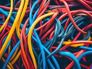 Dynamic Abstract Poster: Vibrant Overlapping Electrical Wires in Red, Blue, Yellow, and Orange – Perfect for Tech-Inspired Sports Interiors and Modern Spaces