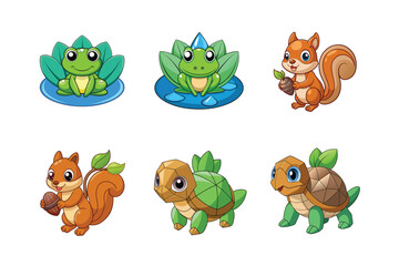   frog turtle squirrel  vector art illustration icon set 