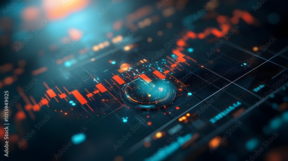 Poster tight macro photograph of a blue market investment chart diving deep into complex market data using 