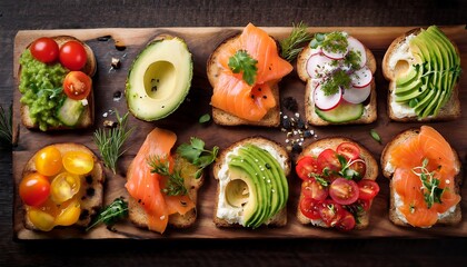 A colorful assortment of open-faced sandwiches with fresh ingredients on a wooden serving board. Generative AI