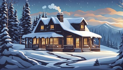 Naklejka premium Snow-covered cottage in a serene winter scene in vector style, AI generated