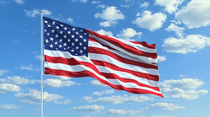 Obraz premium Majestic Display: The American Flag Flutters Against a Bright Blue Sky, Symbolizing Freedom and National Pride in a Flourish of Stripes.