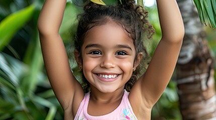 Happy Child Smiling Among Tropical Greenery
