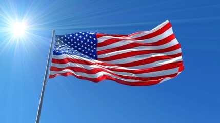 Obraz premium A Brilliant Representation of Freedom: The American Flag Swirling in the Bright Sunlight Against a Clear Blue Sky