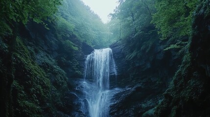 Majestic Waterfall Surrounded by Lush Greenery