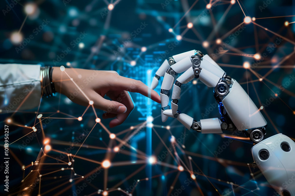 Poster artificial technology, robotics concept. hands touching. impact of ai on humanity. high quality phot