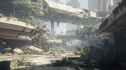 Eerie Urban Decay: Futuristic Dystopian City Plaza Reclaimed by Nature - Ray Tracing Illustration