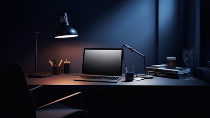 A moody nighttime desk scene with a glowing laptop and black lamp, offering a serene yet focused atmosphere for late-night work.