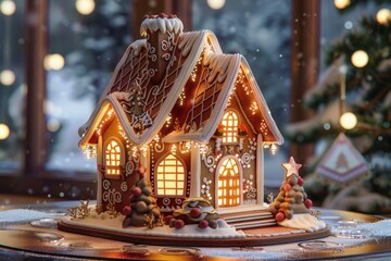 Fototapeta premium A gingerbread house with a Christmas tree in the background, generative ai image