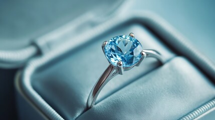 Gold Ring with Clear Blue Aquamarine on Silver Satin Box
