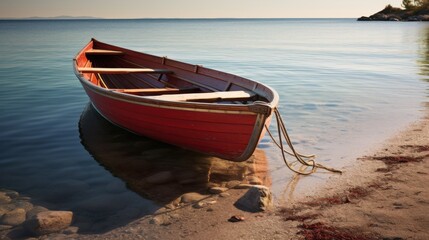 Naklejka premium Tranquil scene of a red wooden boat gently anchored by the shore, reflecting the serene beauty of nature.