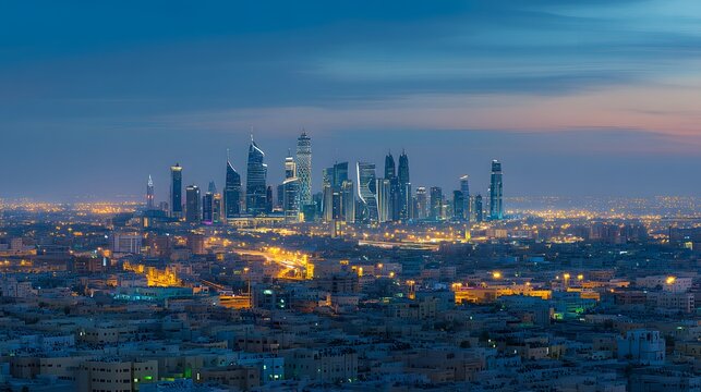 KAFD buildings in Riyadh during the blue hour, showcasing the city's modern skyline and illuminated architecture against a tranquil evening backdrop