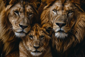 Fototapeta premium Two lions are standing next to each other, one of them is looking at the camera