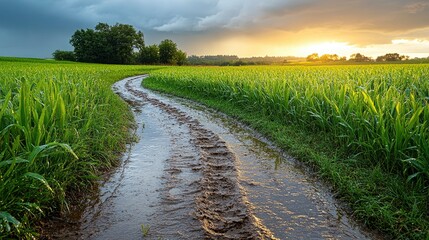 Obraz premium Winding Muddy Road Through Green Field at Sunset