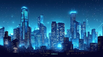 A futuristic cityscape with glowing skyscrapers at night.