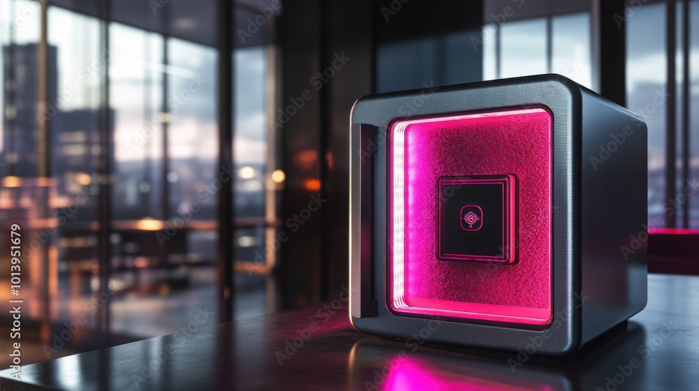 Poster high-tech smart safe featuring biometric access technology, such as a fingerprint scanner.