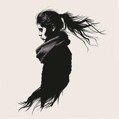 Fototapeta premium Stylized illustration of a young woman in a scarf with flowing hair in a minimalist design