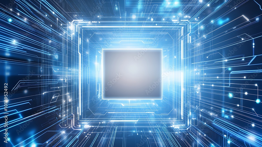 Poster Abstract digital technology background with glowing lines and a central square in a futuristic style.