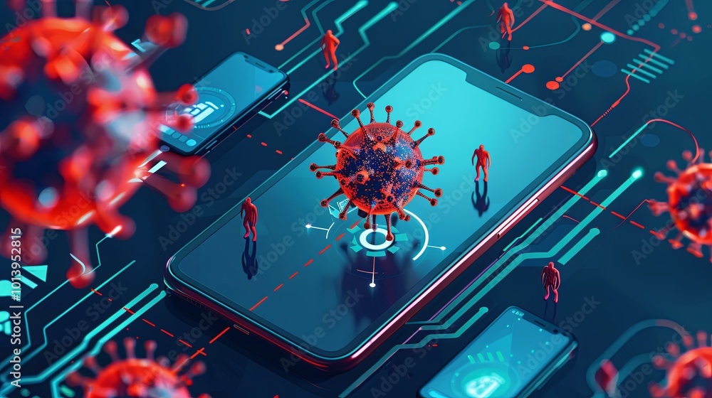 Aufkleber people interact with a smartphone displaying an emergency alert about a virus, highlighting the impo