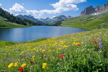 Vibrant Wildflower Landscape by a Serene Lake