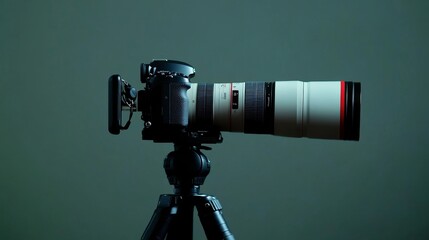 A professional camera mounted on a tripod, designed for high-quality photography and videography.