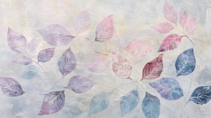 Large art with painted leaves on a textured wall in pastel colors, designed as photo wallpaper for interior decor