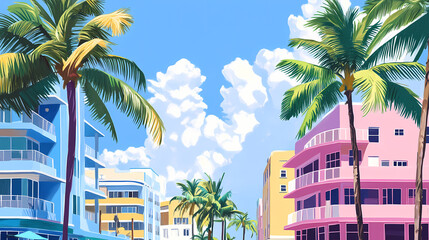Fototapeta premium Vibrant pastel-colored art deco buildings line ocean drive, palm trees sway in the ocean breeze, against a bright blue sky with puffy white clouds. Pastel Drawing. Illustration