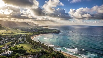 Obraz premium Aerial view of a beautiful beach with clear blue water, green hills, white clouds and a distant island.