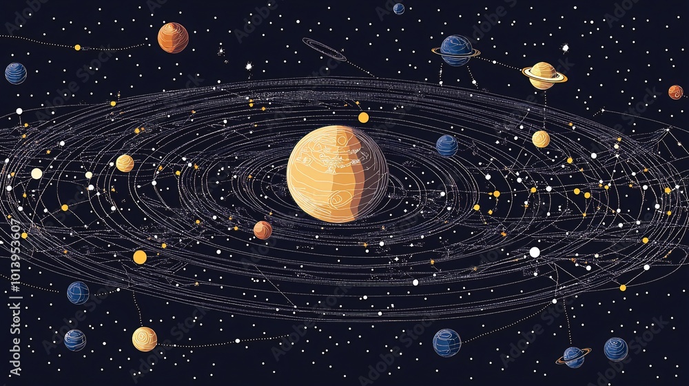 Poster a stylized depiction of a solar system with a large star in the center and planets orbiting around i