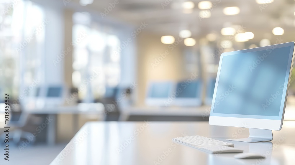 Poster a modern office workspace featuring a computer and keyboard, emphasizing a clean, professional envir