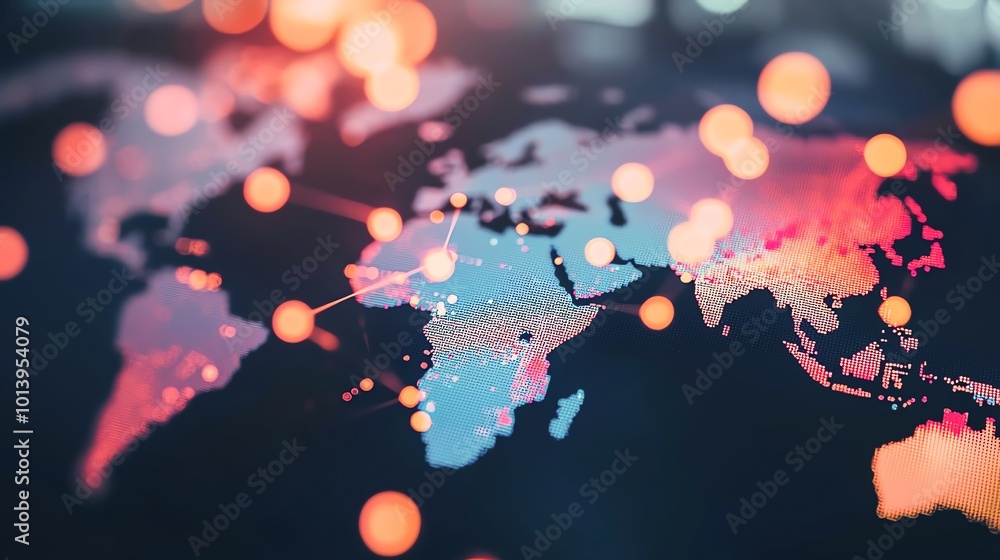 Poster a colorful world map illuminated with glowing dots, representing global connections and digital netw