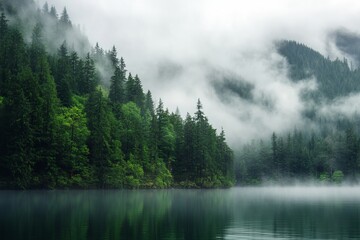 Misty Lake Surrounded by Lush Forests