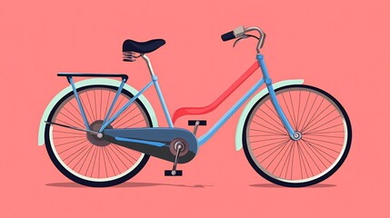 Fototapeta premium A vintage blue bicycle with a pink seat and a pink frame is set against a bright pink background.
