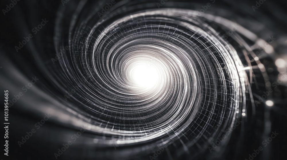 Poster a mesmerizing view into a swirling tunnel of light, suggesting mystery and depth in a digital, abstr