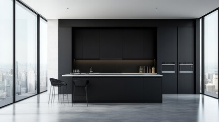 A modern kitchen featuring sleek black cabinetry, a minimalist island, and expansive windows showcasing a city view.