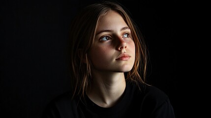 Fototapeta premium A young woman with long brown hair looks up thoughtfully, her face illuminated by soft light against a dark background.