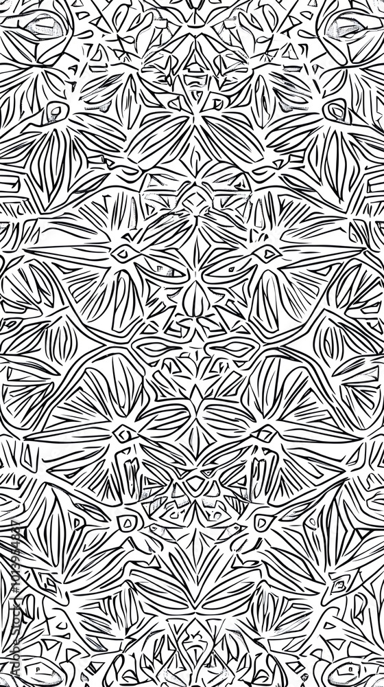 Poster abstract black and white pattern with repeating geometric shapes.