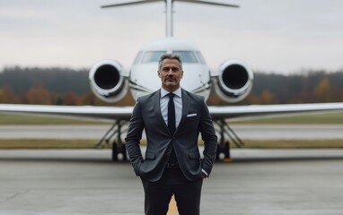 A confident businessman stands in front of a private jet, exuding professionalism and success in a corporate setting.